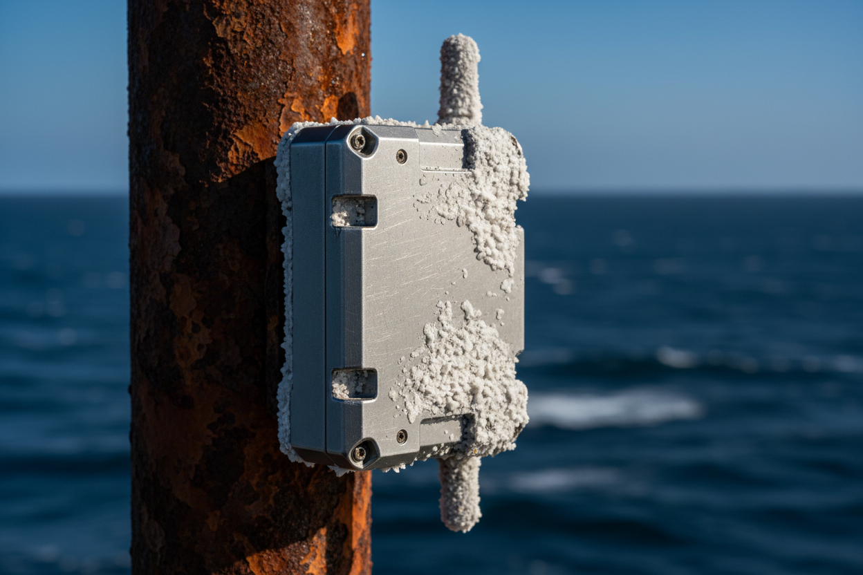 Weather-hardened outdoor wireless access point mounted on a rusted steel mast